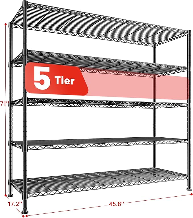 REIBII 45.8''W Steel Wire Shelving Unit, 5 Tier Adjustable Metal Storage Shelves for Kitchen Pantry Office Wire Rack Metal Shelving Unit for College Dorm School, 45.8" W x 71" H x 17.2" D 2PCS