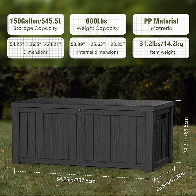 Yardgrace Extra-Large 150 Gallon Outdoor Chest Storage Waterproof - Outside Storage Box & Bench, Resin Deck Chest for Patio/Pool, Lockable UV-Resistant, Onyx Black