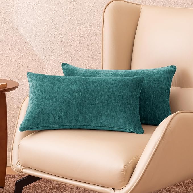 Amazon Basics Chenille Throw Pillow Covers, Home Decor Lumbar Cushion Cover for Bedroom Living Room Couch Bed, 12" W × 20" L, Deep Teal