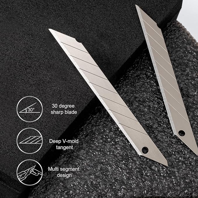 Gomake 100pcs Knife Replacement Blades, 30 Degree Carbon Steel 9mm Snap Off Blades for Retractable Cutting Knives, Hobby, Craft Knife, Box Cutter