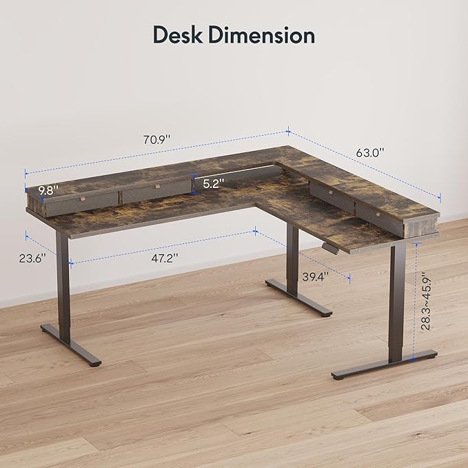 FLEXISPOT 71'' L Shaped Standing Desk Electric Corner Table with Shelf, 4 Storage Drawers, Adjustable Computer Workstation for Home, Office, Game, Studio, Rustic Brown Top + Black Frame