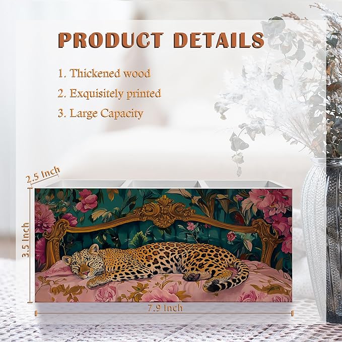 Exqcom Trendy Retro Leopard Pen Pencil Holder, Leopard Print Gifts for Women, Eclectic Maximalist Sleeping Cheetah Pencil Pen Holder Organizer for Home Office Desk Accessories