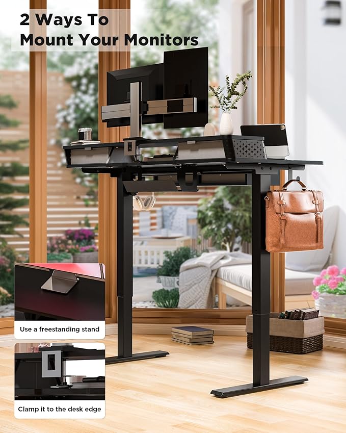 FiCiHi Electric Standing Desk with Four Drawers, Adjustable Height Sit Stand Desk, C-Clamp Compatible Home Office Desk with Storage Shelf & Monitor Stand Riser, 55 x 24 Inch, Classical Black