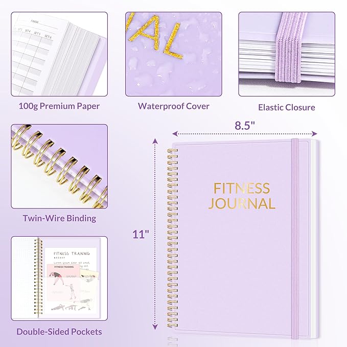 Fitness Journal Workout Planner for Women & Men, A4 (8.5" x 11") Workout Journal Log Book Planner Gift for Track Gym Essentials, Home Workouts, Track Progress, Achieve Wellness Goals, Purple