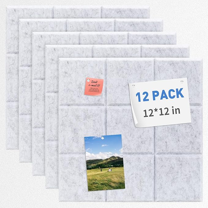 Smarpau Cork Board 48"X36", 12 Pack Nine-Grid Felt Bulletin Boards, Small Pin Board with Removable Adhesive Tabs Pushpins, Cork Wall Tiles for Office Home Classroom Decor -Grey