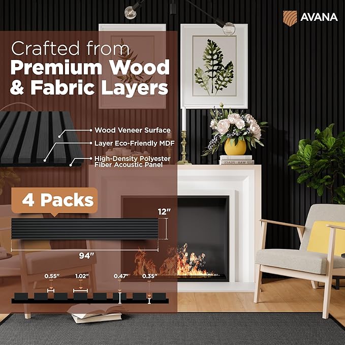 Avana Acoustic Wood Wall Panels – 94.4 x 12.6 Inch Black Oak Acoustic Panels 4 PCs – Wall Panels For Interior Wall Decor For Homes, Offices, Studios – Pleasing Decorative Wood Panels For Wall