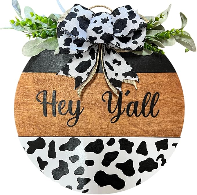 Wood front door sign Wood sign Home decor Welcome sign Sign for front door House warming gift Wedding gift (Hey Yall Cow-DS082(A10) S003, 30" Width)