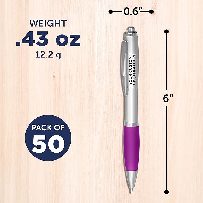DISCOUNT PROMOS Personalized Ballpoint Pens With Rubber Grip, 50 pack Customizable Ergonomic Click-to-Write Custom Writing Pens for School with Black Ink, Purple