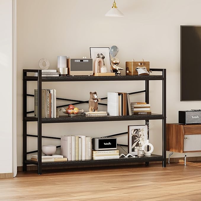 3 Tier Bookcase 47.24" Width, Long Industrial Book Shelf, Vintage Wooden Large Book Shelf for Home Living Room Bedroom Office Storage(Black)