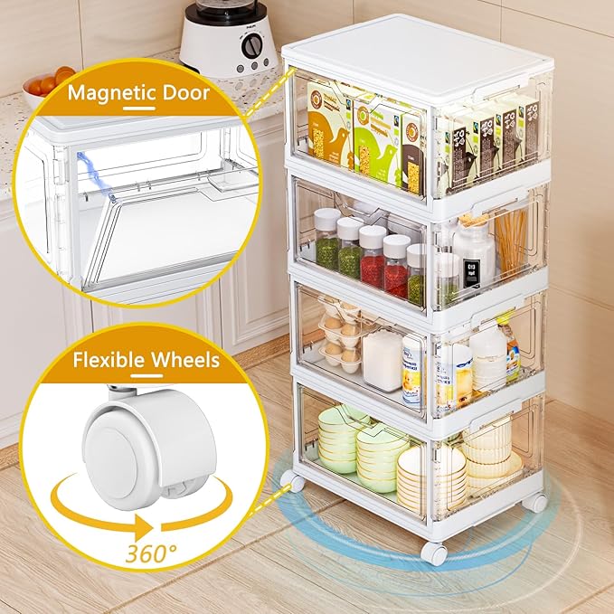 SNSLXH Portable Clear Storage Bins with Lids & Wheels, 24QT Clear Storage Bins with Lids, 4-Tier Plastic Bins with Wheels, Stackable, Magnetic Doors, for Bedroom, Living Room, Office