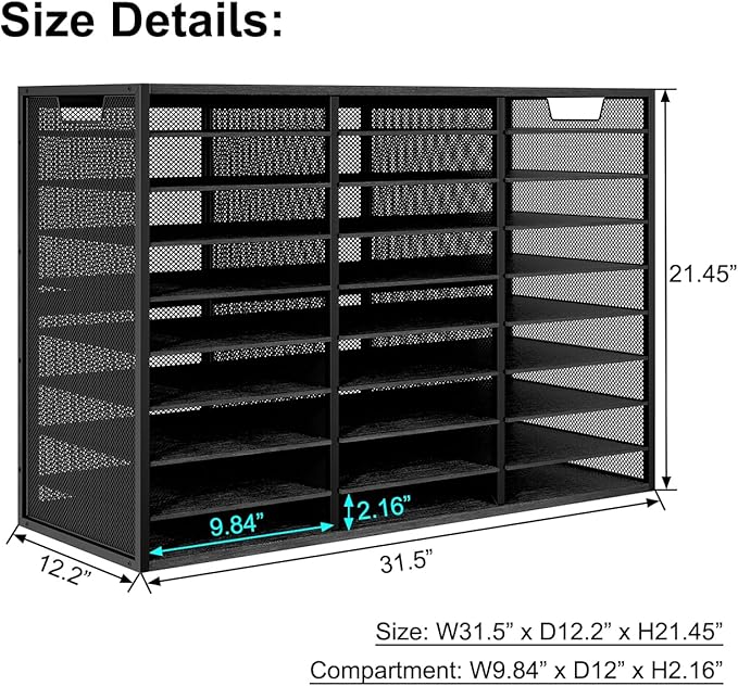 PAG-Mass Mail Sorter Adjustable Countertop Heavy Duty Literature Organizer Student Mailbox for Classroom Desktop Bill Paper Holder Rack for Office Home School, 27 Compartments, Black