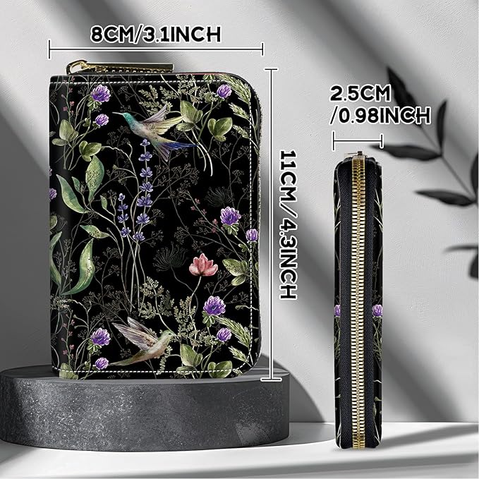 BWEGRHE Cute Credit Card Holder with Zipper, Wild Flower Hummingbird RFID-Blocking Card Case Small Wallet for Women Men, Multi-slot Card Organizer Case Travel Accordion Wallet