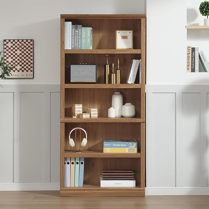 blini 5-Shelf Tall Bookcase Wooden Bookshelves 33in Wide Floor Standing Display Storage Book Shelves 70 in Oak Bookcase for Home Office, Living Room, Bed Room