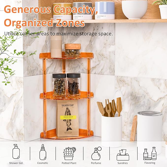 Sezanrpt 3 Tier Countertop Corner Organizer Shelf 7x7x15.7 Inch, Orange Countertop Acrylic Bathroom Corner Shelf, Vanity Storage Organizer for Cosmetics, Toiletries