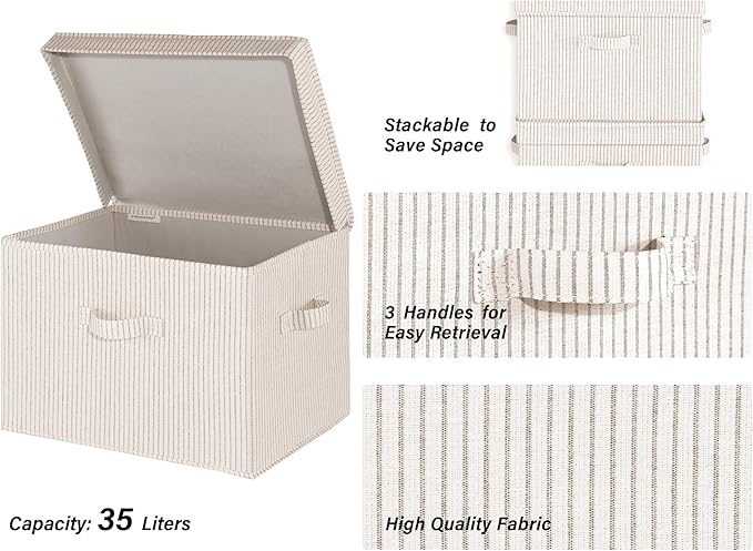 StorageWorks Fabric Storage Bins with Lid, Decorative Storage Boxes for Shelves, Stackable Closet Organizer Basket with Handles, Jumbo, Gray and White Stripes, 2-Pack