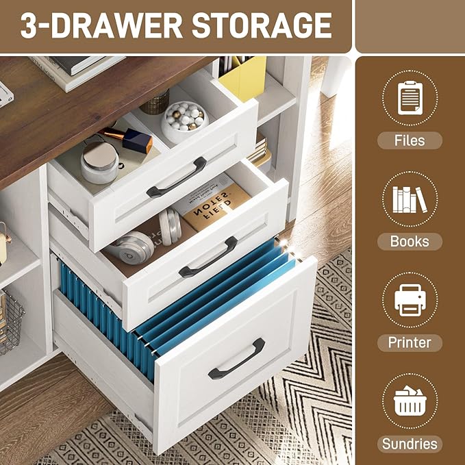 Vabches File Cabinet with 3 Drawers, Farmhouse Lateral File Cabinet Fits Files Letter/A4 Size, Wooden Filing Cabinet with Adjustable Shelves Printer Stand for Home Office, White