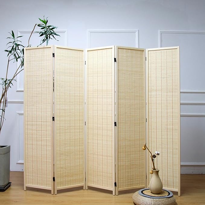 Furnnylane 5 Panel Room Divider and Folding Panel Screen,Bamboo Panel Divider Screen for Room Separation,Beige,67" H x 76.75" W