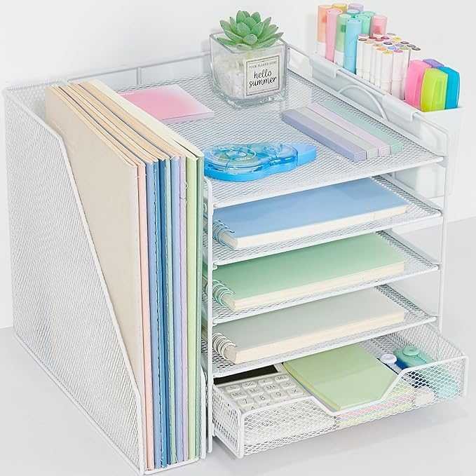 Gugsey Desk Organizer, 5-Tier Paper Letter Tray Organizer with File Holder, Drawer and Pen Holder, Desktop Organizer for Office Supplies, White