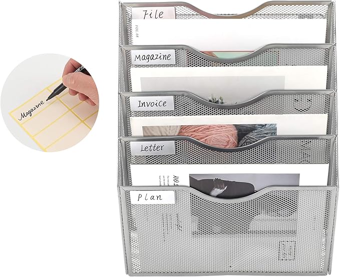 EasyPAG Hanging Wall File Organizer, 5 Pocket Wall Mounted Mail Organizer, Vertical Document Folder Holder with Nametag Label, Space Saving Paper Storage Magazine Rack for Office Home School, Silver