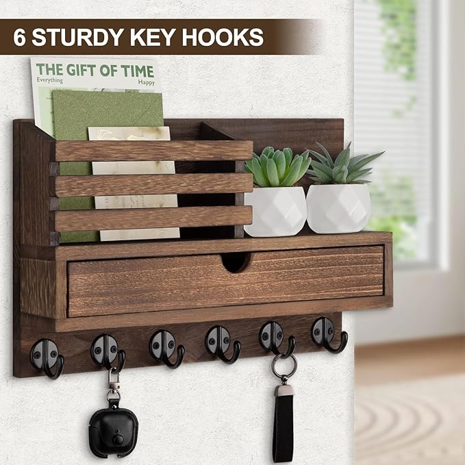 Lucundm Key Holder Wall Mount, Mail Holder with Storage Drawer and 6 Key Hooks for Coat, Dog Leash, Home Decor Rack, House Accessories, Entry Way Organizer