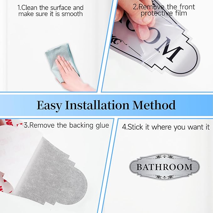 Bathroom Sign Sticker for Business and Home，Self-adhesive Brushed Silver Cute Bathroom Decor for Door，Waterproof Vinyl Restroom Sign for Home，Office，Shop（Silver）