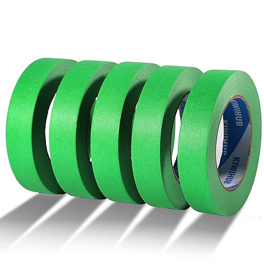 KIWIHUB Green Painters Tape,1 inch x 60 Yards x 5 Rolls - Medium Adhesive Green Masking Tape for Painting,Labeling,DIY Crafting,Decoration and School Projects (300 Yards Total)