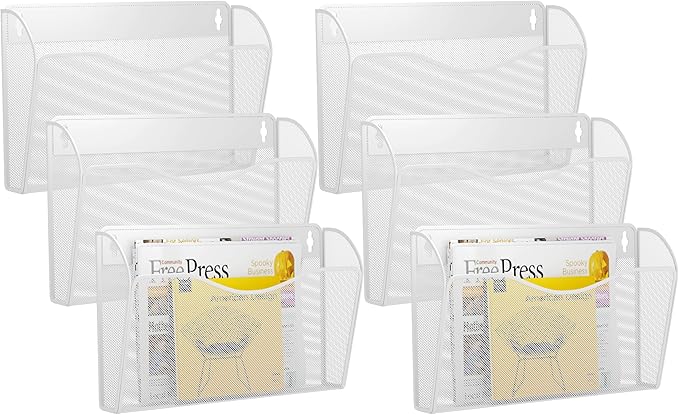 GDINDINFAN 6 Single Pocket Wall File Holder, Mesh Hanging File Folder Paper Organizer, Vertical Wall Mounted Mail Basket, Storage Organization Magazine Rack for Office, Home and School, White