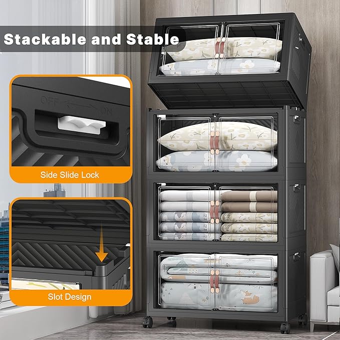 UAMFURI Extra Large Stackable Storage Bins with Lids & Wheels & Door, 640QT-160QT/40GAL*4Pack Foldable Collapsible Closet Organizers, Plastic containers drawers for bedroom Dorm