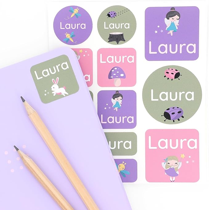 Large Name Labels for Kids (33) - Custom Stickers for Daycare and School Supplies - Durable, Waterproof Stickers for Water Bottles, Lunch Boxes, and More with Unique Designs - Fairy