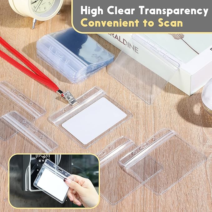 Marspark 100 Pieces Clear Plastic Horizontal Name Badge ID Card Holders with Waterproof Type Resealable Zip, 3.54 x 2.36 in, Transparent PVC Sleeve for Office Back to School Supplies