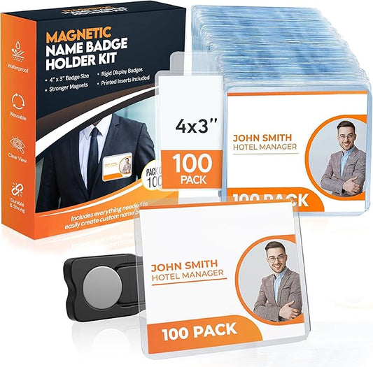 100 Pack of 4x3 Magnetic Name Badge Holders (White Printable Inserts Included) Customizable Magnetic Name Tags for Office, Conventions, School, and Events - Durable and Clear Plastic Name Tag Holder