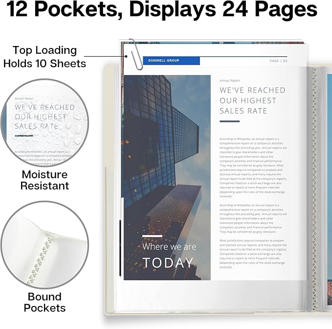 Dunwell Presentation Binder 12-Pocket, Displays 24 Pages, 8.5x11 Portfolio Binder with Plastic Sleeves, Storage and Organizer for Documents, Certificates, Projects, Photos (Ivory)