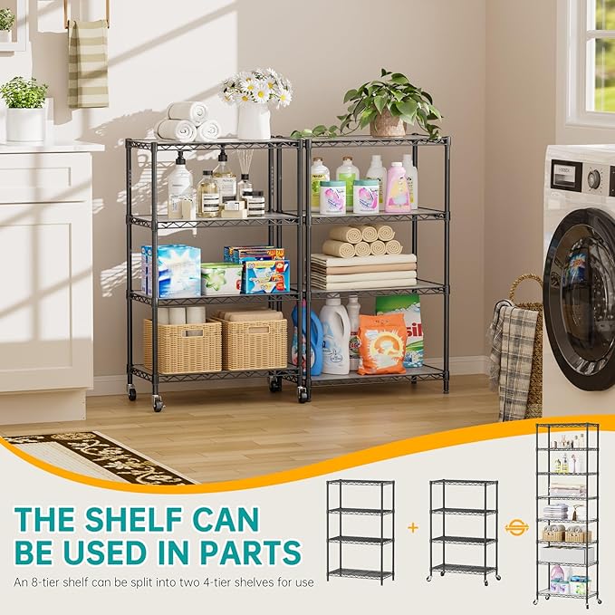 SINGAYE Shelf Closet Wire Shelving：Adjustable Metal Unit for Laundry Room Organization Bathroom Kitchen Home Storage with Wheels Pantry Rack Shelves