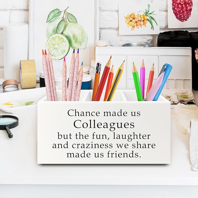 XPH Colleague Gifts Pen Pencil Holder Organizer for Desk, Work Bestie Friends Gifts for Women, Coworker Friend Gift Wooden Box Sign for Home Office Desk Tabletop Decorations
