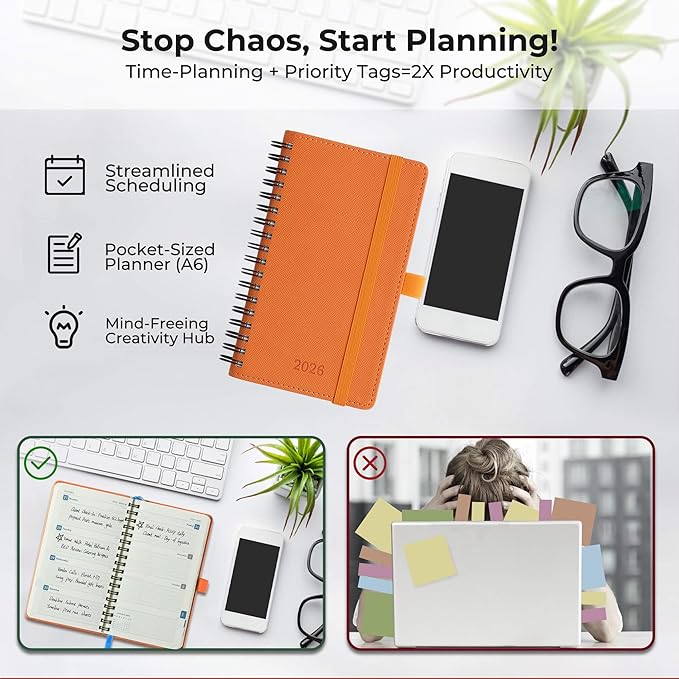 IN-LUXPRO Planner 2026 Daily Weekly and Monthly,6.5"x3.75",12 Months Spiral Bound Calendar Agenda with Self-adhesive Pen Holder,2026 Appointment Book with Vegan Leather Soft Cover,Orange