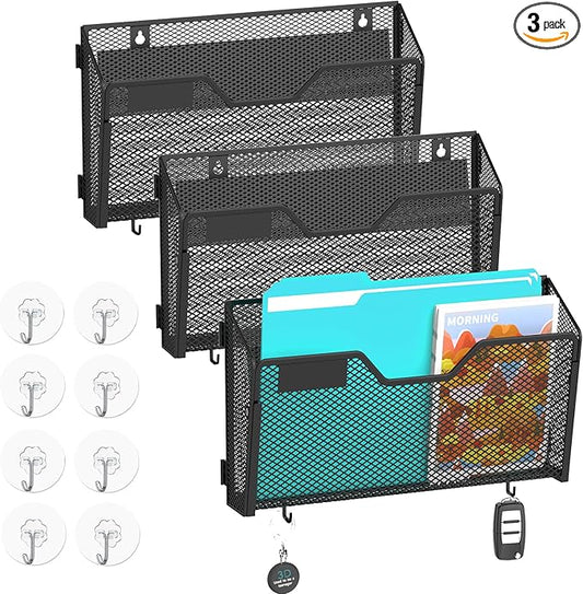 SUPEASY Magnetic File Holder, 3 Pack File Folder Organizer, Wall File Organizer, No Drilling Paper Document Holder & Binder Holder for Home / Office (with Label Panel, 8 * Adhesive Wall Hook)