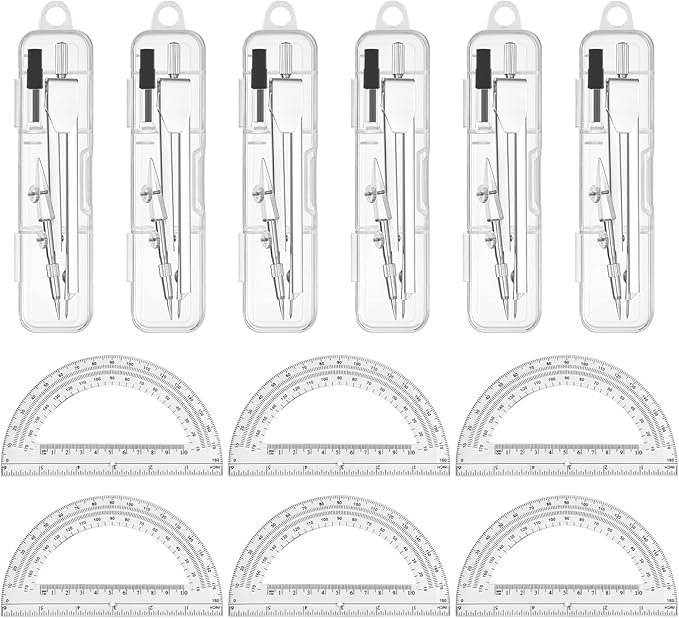 6 Sets Compass and Protractor Sets Student Basics Geometry Math Set Metal Compass and 6 Inch 180 Degree Protractors Geometry Graphing Drawing Tools For Office and School Supplies(clear)