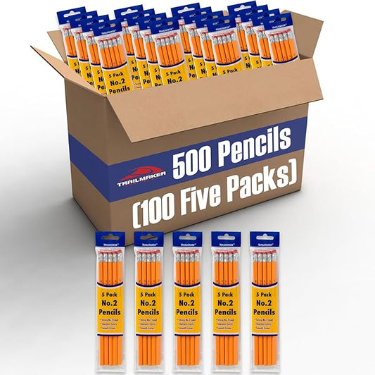 Trail maker Wood Cased #2 HB Pencils - 500 Unsharpened Yellow Pencils in Bulk for School, Office (100 5-Packs)