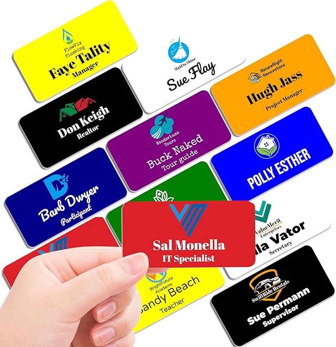 Magnet Me Up Custom Printed Magnetic Name Tag Badge with Logo on Top, 1.5x3 inch, Full-Color Customizable Identification Label, for Schools, Offices, Businesses, Made in USA