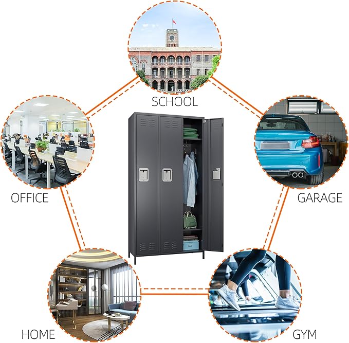 SUPEER Metal Employee Lockers with 3 Doors,Metal Locker with 9 Hooks for Office Gym Garage Home,Assembly Required,Dark Grey