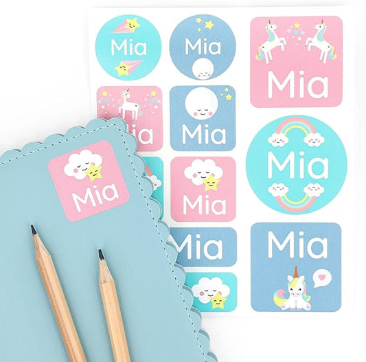 Large Name Labels for Kids (33) - Custom Stickers for Daycare and School Supplies - Durable, Waterproof Stickers for Water Bottles, Lunch Boxes, and More with Unique Designs - Unicorn