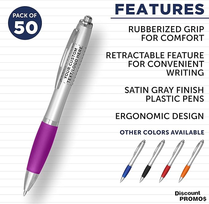 DISCOUNT PROMOS Personalized Ballpoint Pens With Rubber Grip, 50 pack Customizable Ergonomic Click-to-Write Custom Writing Pens for School with Black Ink, Purple