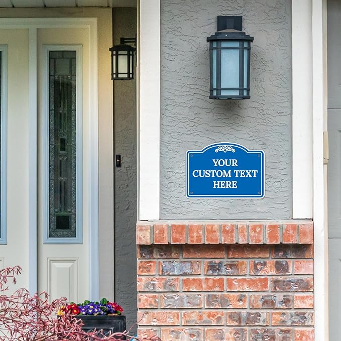 Custom Decorative Sign, Personalized Metal Sign for Business, Driveway, Home, Airbnb, Office Door Plaque, Blue Background Sign, 14x10 Inches, ACM, Fade Resistant, Made in USA by Sigo Signs
