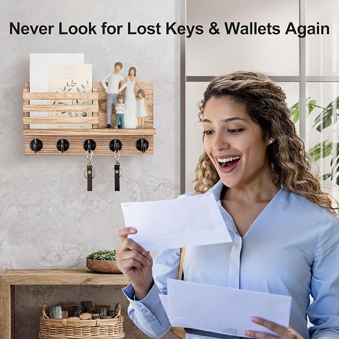 Lwenki Key Holder for Wall – Decorative Wooden Mail Holder and Key Shelf with Mounting Hardware, Installation Guide – Paulownia Wood with 5 Metal Key Hooks (11.8” x 6.7” x 2.8”)