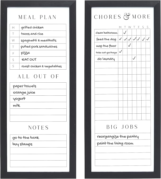 Sheffield Home Set of Two Family Planner Dry Erase Boards Featuring, Chore Chart, Shopping List, Weekly Meal Planner and Notes, 9x21 Inch, Black