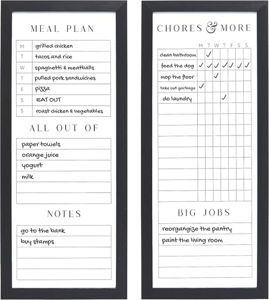 Sheffield Home Set of Two Family Planner Dry Erase Boards Featuring, Chore Chart, Shopping List, Weekly Meal Planner and Notes, 9x21 Inch, Black