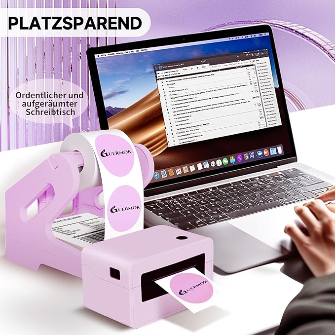 Guermok Thermal Shipping Label Holder for Rolls & Fan-Fold, Fragile Stickers for Shipping, Label Stand Desktop Printer Holder-Home Office Accessory Sticker Dispenser for Holographic (Purple)