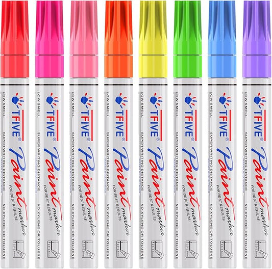 TFIVE Fluorescent Paint Markers, 8 Colors Neon UV Paint Pens for Blacklight - Oil-Based, Medium Tip, Waterproof Permanent Marker Pens for Rock Painting, DIY Art Crafts, Scrapbooking, Glass Windows