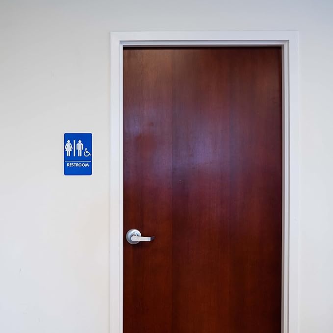 USA Made - Men's and Women's Restroom Signs ADA-Compliant Bathroom Door Signs for Offices, Businesses, and Restaurants, Black, Blue, Grey and Taupe/Tan Colors (Blue Handi-Unisex)