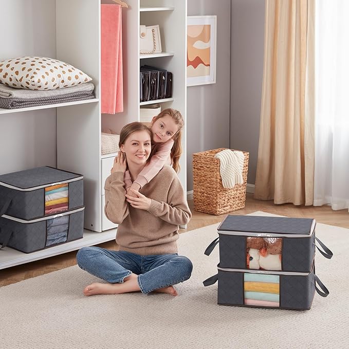 Lifewit 3 Pack Clothes Storage Bag, Foldable Storage Bin Closet Organizer with Reinforced Handle, Sturdy Fabric Blanket Storage with Clear Window, Storage Containers for Clothing, Bedding, Gray